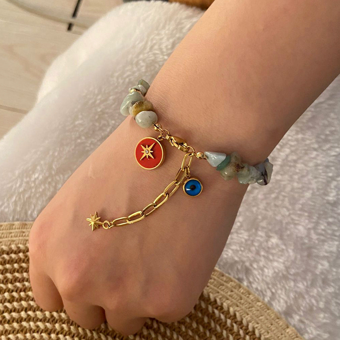Bracciale da donna in acciaio inossidabile a forma di cuore con perline e motivo a occhio - Design originale