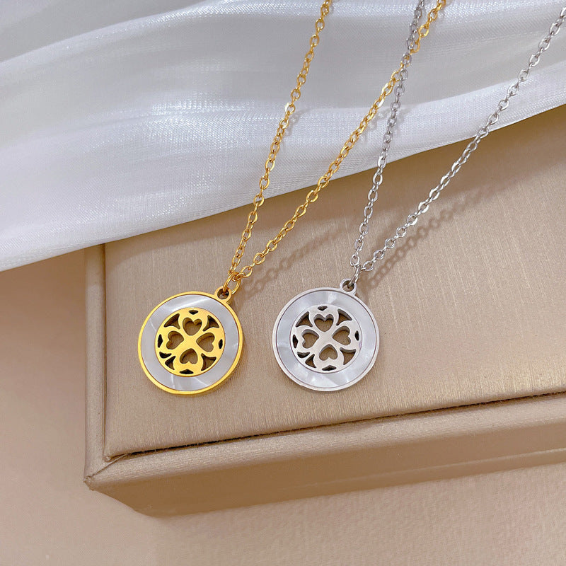 Minimalist Geometric Clover Shell Pendant Necklace for Women and Men in Titanium Steel with Gold Plating