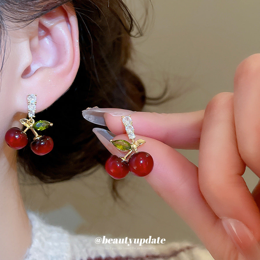 Cherry-Shaped Resin Earrings with Zirconia Inlay for Women, Minimalist Sweet Style Fashion Ear Jewelry