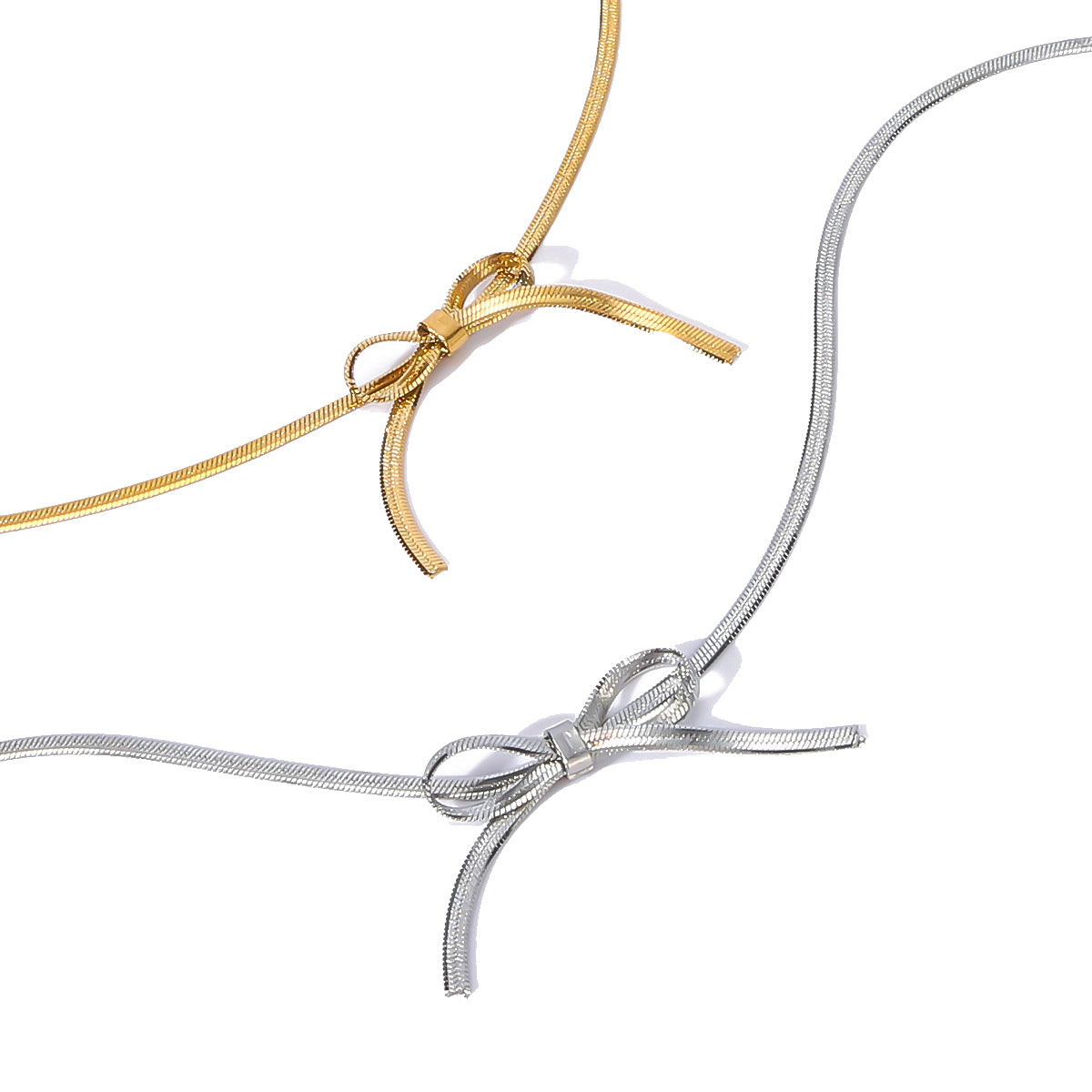 Asymmetrical Bow Knot Pendant Necklace for Women in Stainless Steel with 18K Gold Plating on Snake Chain