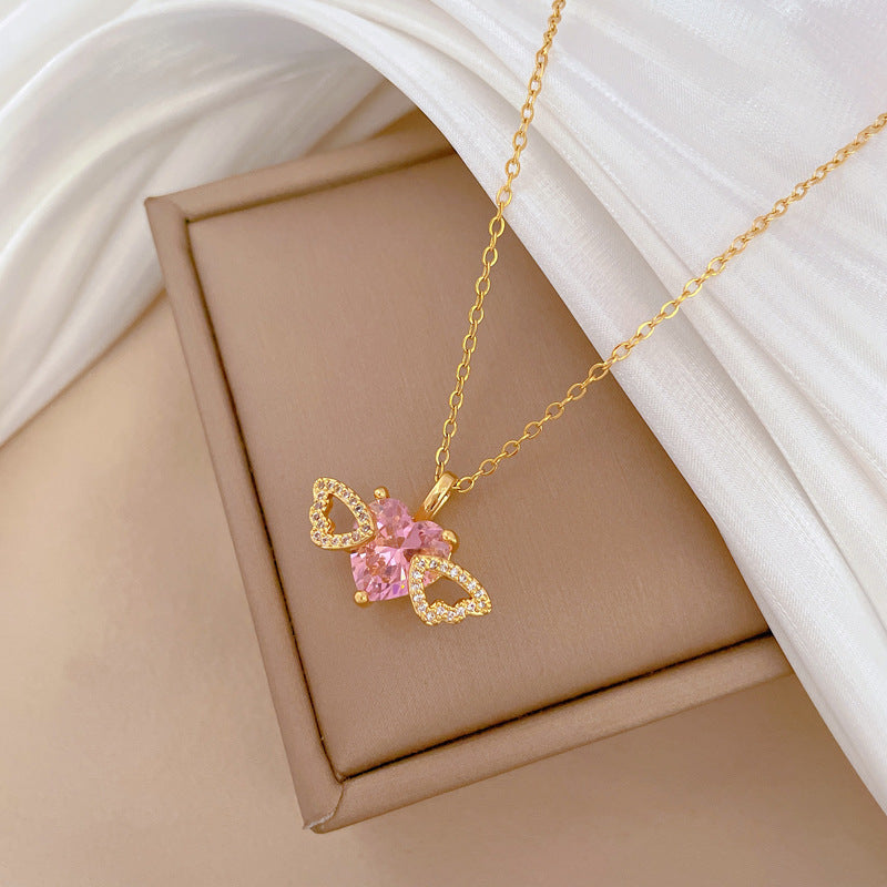 Elegant Hollow Heart Wing Pendant Necklace for Women Stainless Steel Delicate Clavicle Chain with Rhinestone Accents