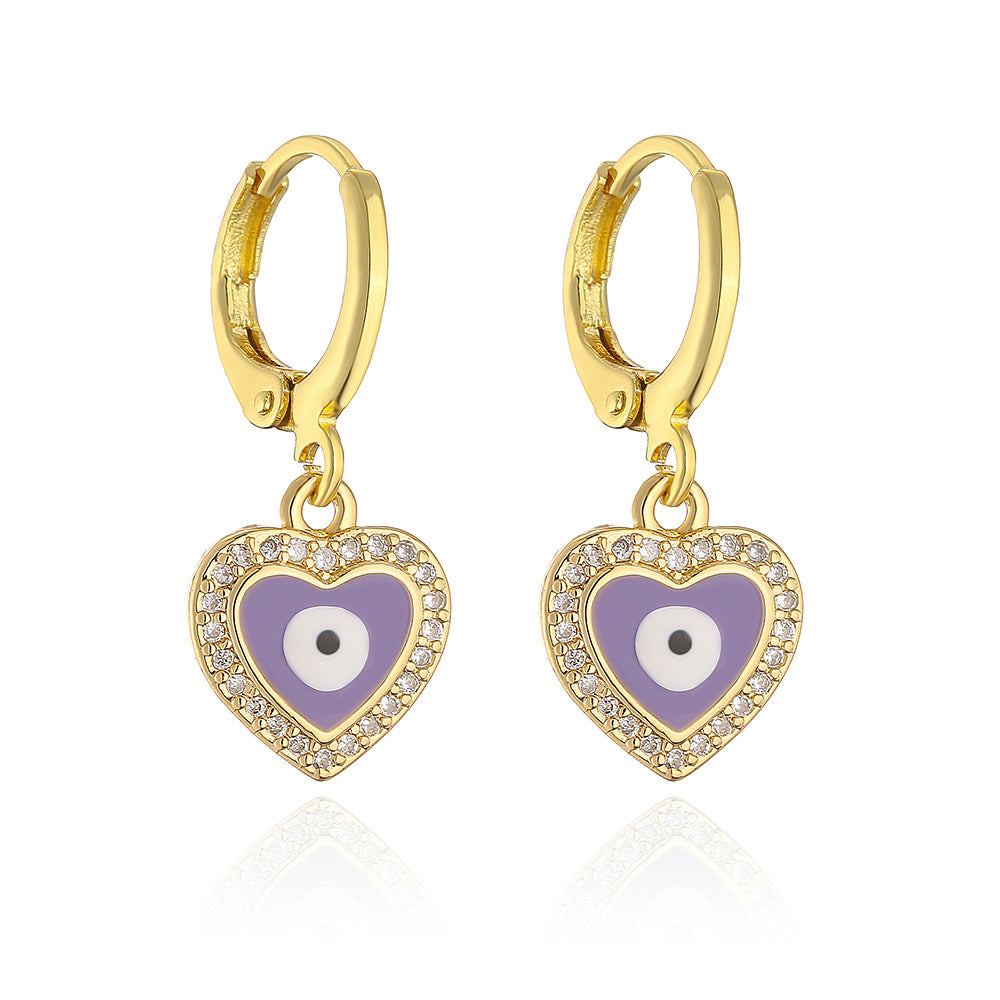 Elegant French-Style Geometric Eye and Heart Earrings for Women in Copper with Gold Plating and Enamel Finish