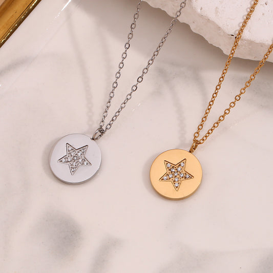 Collana con Pendente Geometrico Minimalista in Acciaio Inossidabile, Placcata in Oro 18K e Ciondolo a Stella con Strass per Donna