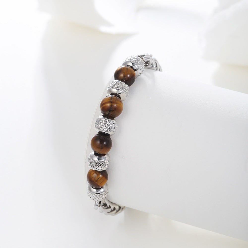 Men's Natural Tiger's Eye and Lapis Lazuli Beaded Bracelet Stainless Steel Geometric Round Stone Jewelry