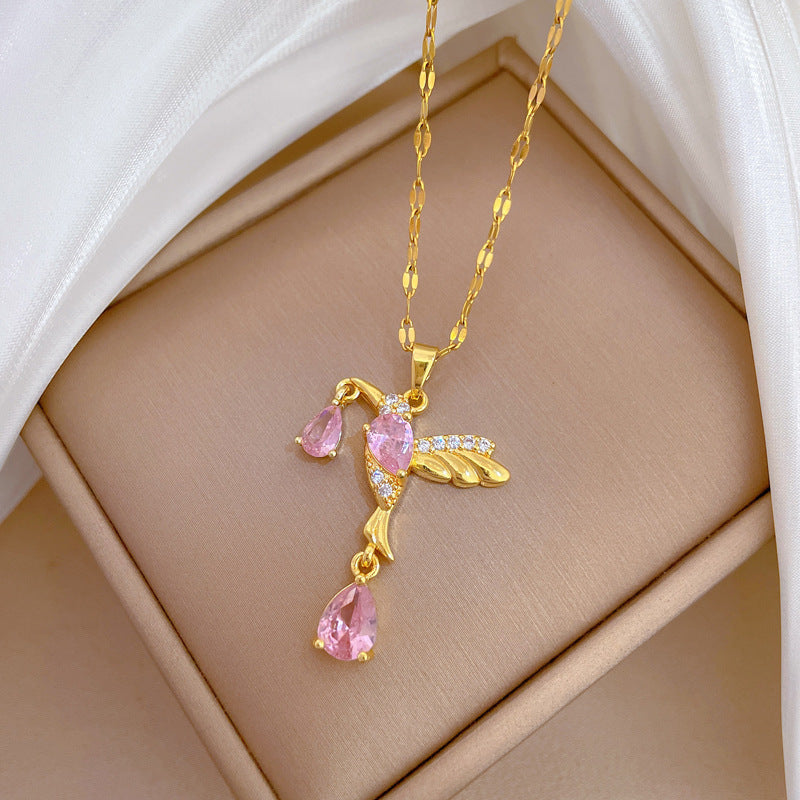 Sweet Geometric Cartoon Swallow Rhinestone Pendant Necklace Titanium Steel Cable Chain for Unisex