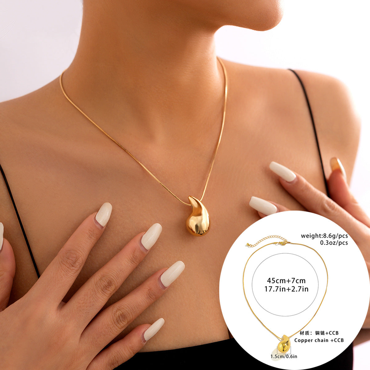Punk Style Teardrop Shaped Pendant Necklace with Polished Metallic Finish and Snake Chain for Women