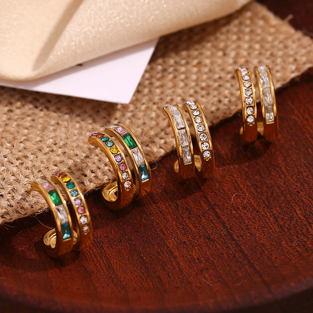 Orecchini a clip geometrici in acciaio inossidabile d'ispirazione vintage placcati oro 18 carati con zirconia cubica da donna