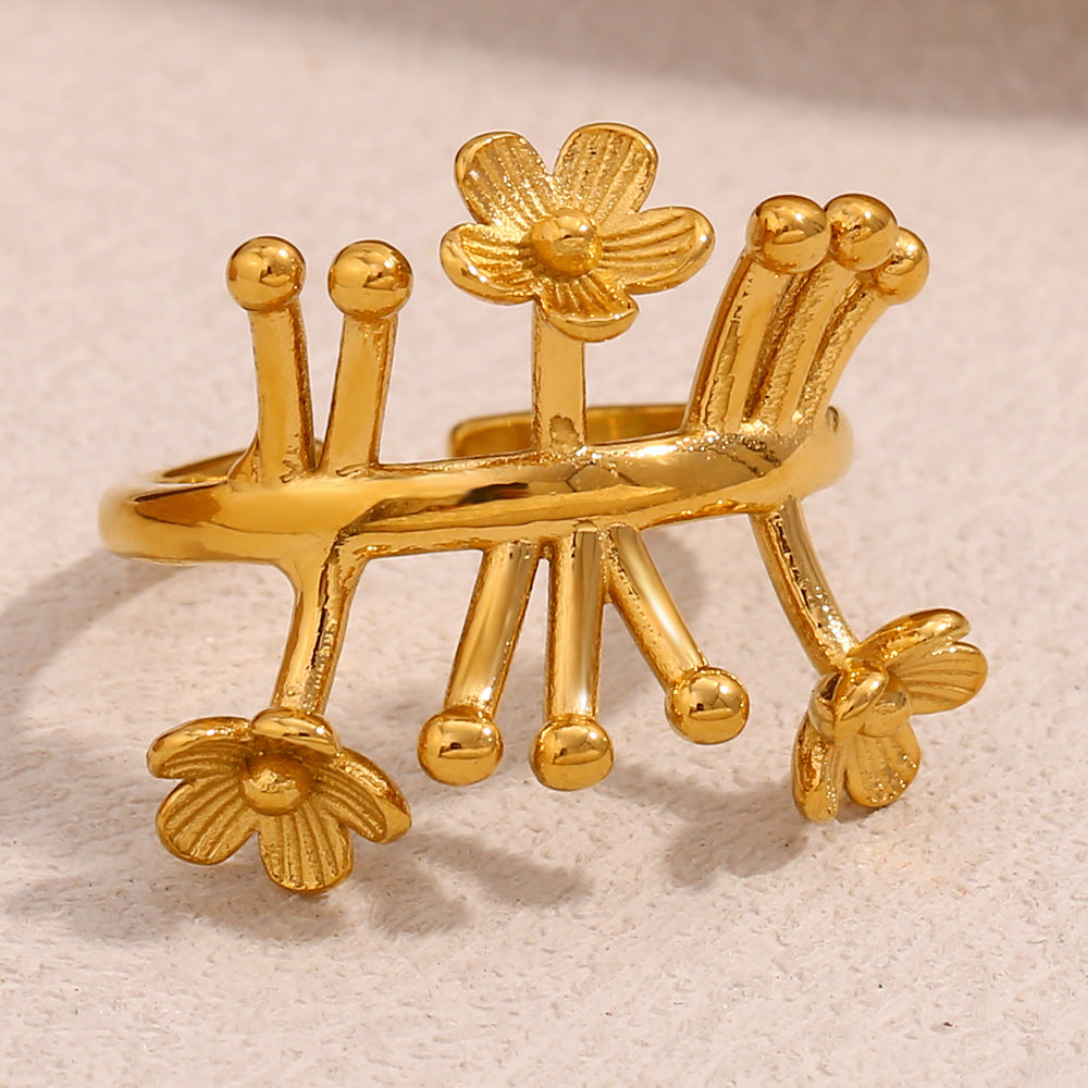 Fashion Floral-Shaped Stainless Steel Ring with 18K Gold Plating for Women