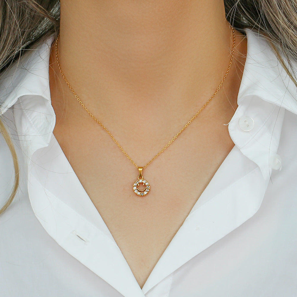 Fashion Minimalist Geometric Hollow Smile Face Pendant Necklace Stainless Steel 18K Gold Plated Cubic Zirconia for Women