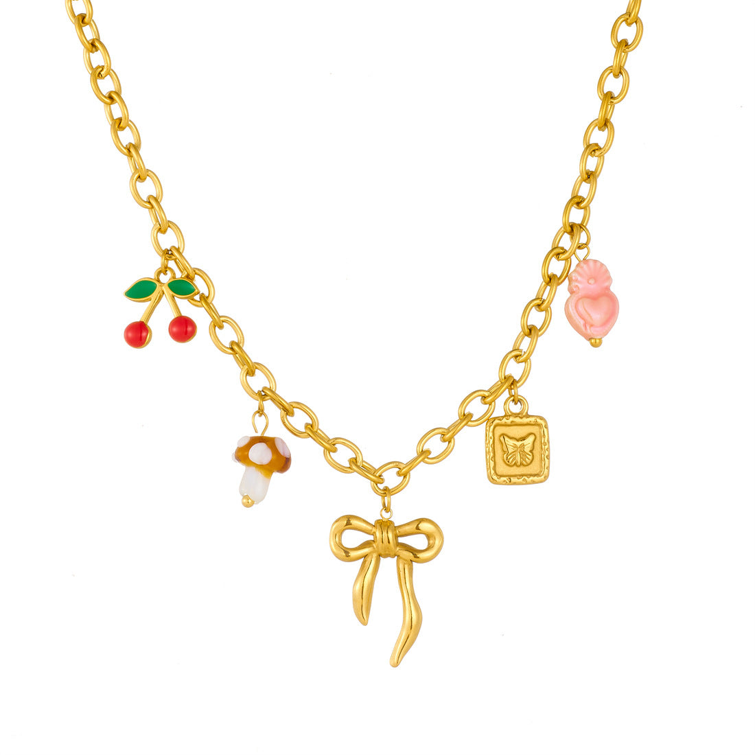 Sweet Gold Plated Drip Oil Fruit Mushroom Heart Cherry Bow Stainless Steel Necklace with Cable Chain