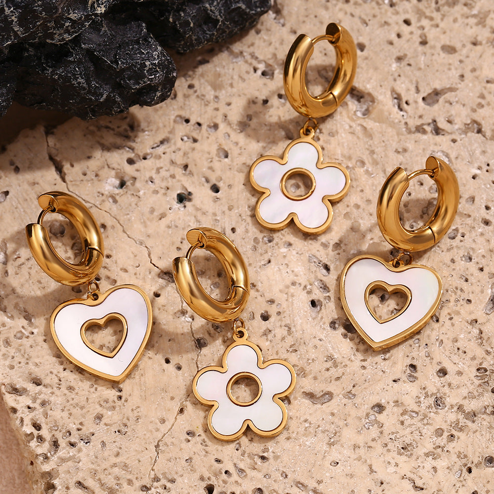 Fashionable Minimalist Heart and Floral Stainless Steel Earrings with 18K Gold Plating Hollow Seashell Pendant and Thick Hoop Design