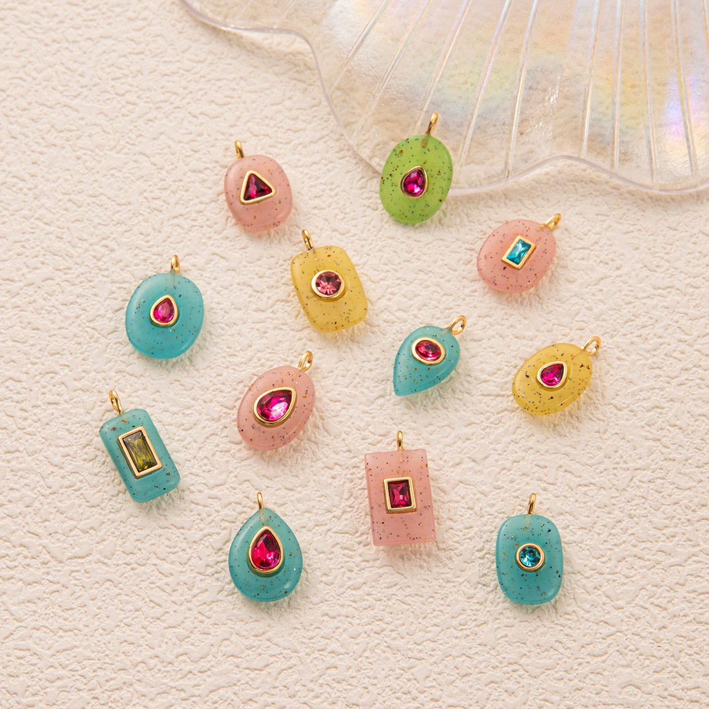 Colorful Birthstone Cubic Zirconia Round Square Glass DIY Charm Bar Gold Plated Brass Pendant