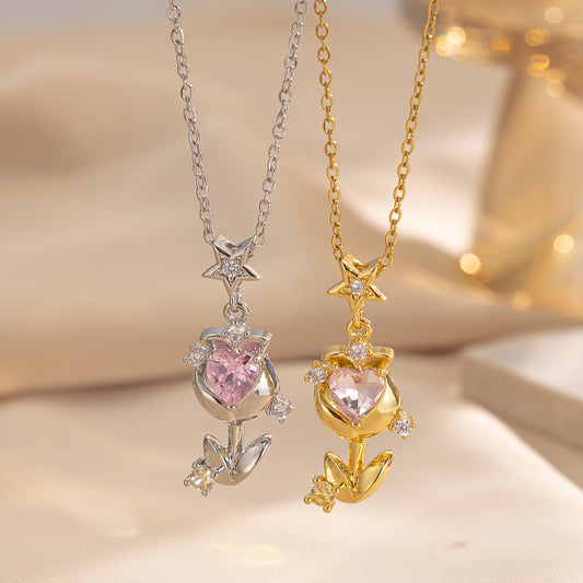 Collar Minimalista para Mujer con Circonita en Forma de Tulipán, Baño de Oro Rosa y Cadena Tipo O de Acero de Titanio