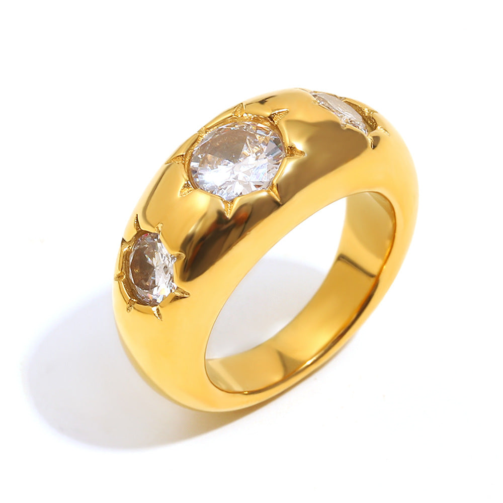 Minimalist Geometric Stainless Steel Ring with 18K Gold Plating and Three Zirconia Stones for Women