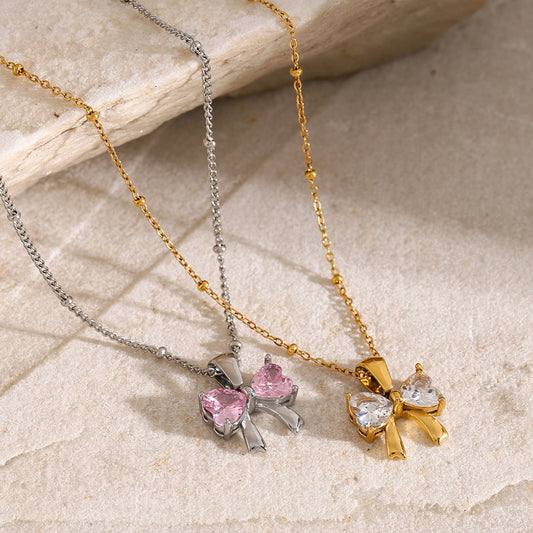 18K Gold Plated Stainless Steel Bow Necklace with White Cubic Zirconia for Women
