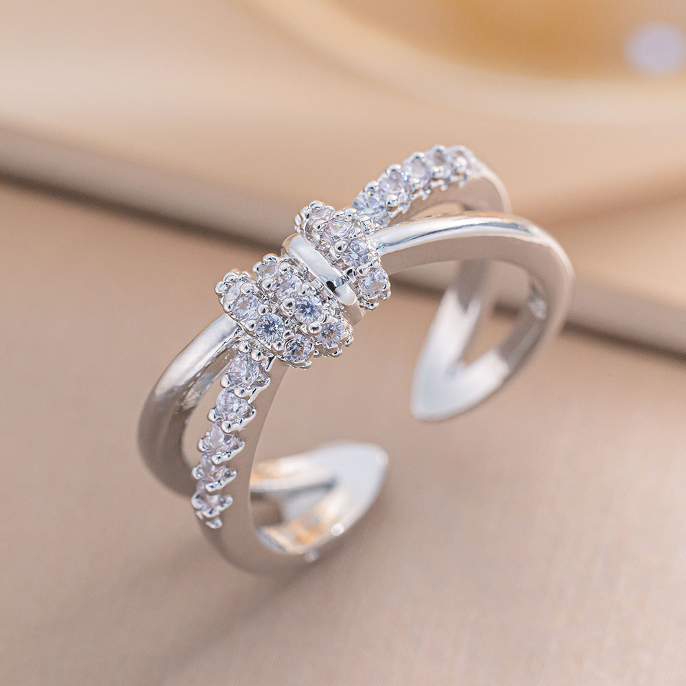 Luxury Minimalist Adjustable Open Ring for Women with Gold-Plated Copper Band and Zircon Stone Accent in Heart and Floral Shape