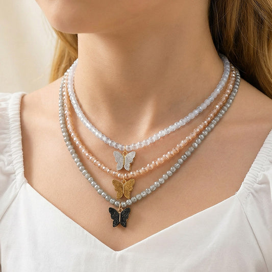 Minimalist Butterfly Bow Pendant Necklace Set for Girls Alloy Round Bead Chain Children's Jewelry Gift