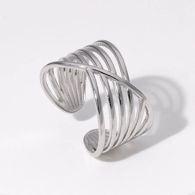 Anello Aperto da Donna Minimalista in Acciaio Inossidabile con Linee Geometriche e Finitura Placcata
