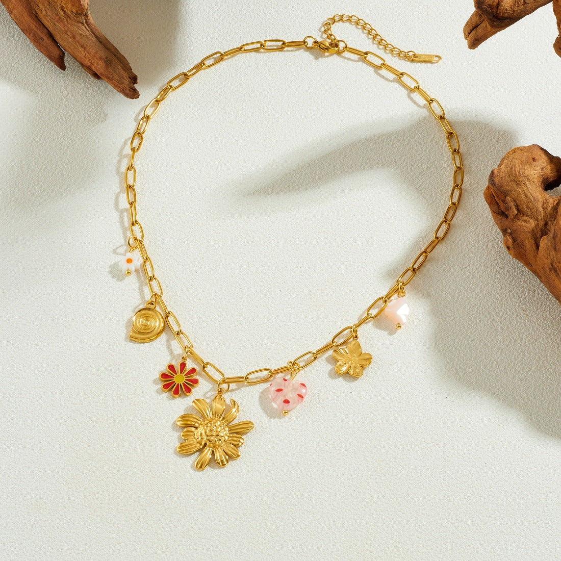 Casual Gold Plated Heart Floral Polka Dot Stainless Steel Necklace with Peony and Daisy Charms