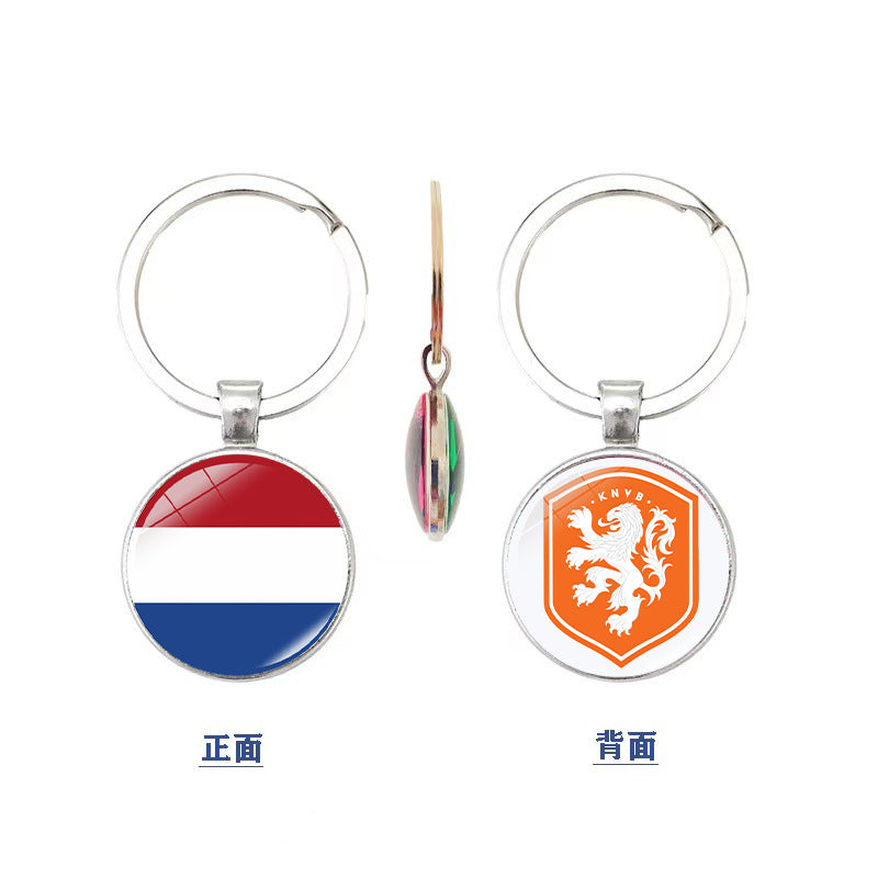 World Cup National Flag and Team Emblem Double-Sided Glass Keychain Pendant
