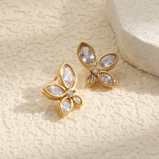Elegant Minimalist Floral Stud Earrings 18K Gold Plated Stainless Steel with Cubic Zirconia for Women