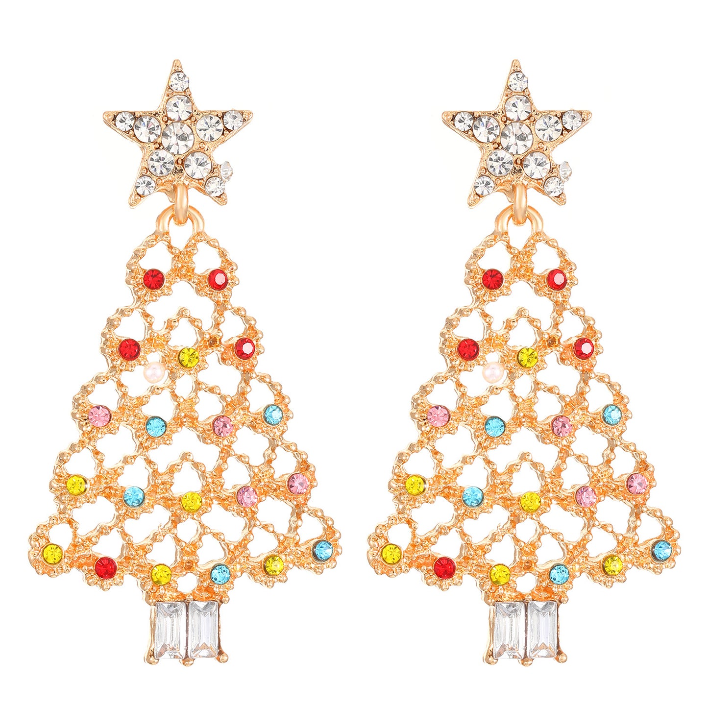 Aretes de perno de aleación geométrica minimalista con diseño de árbol de Navidad, incrustaciones de diamantes de imitación y postes de oro de 14K para mujer