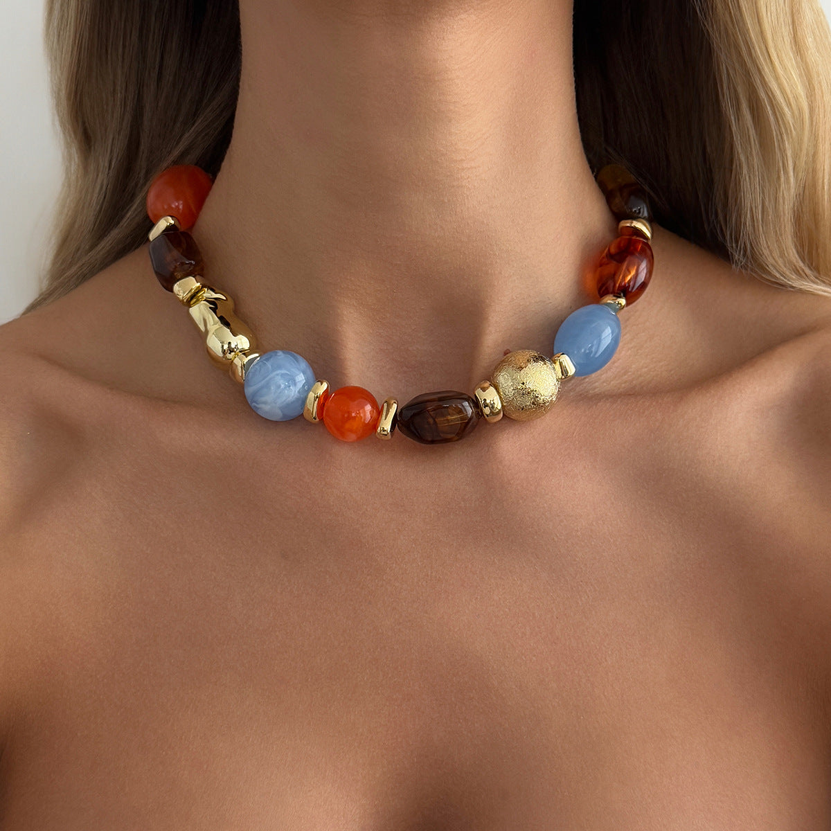 Vintage Geometric Oval Resin and Imitation Pearl Beaded Necklace for Women