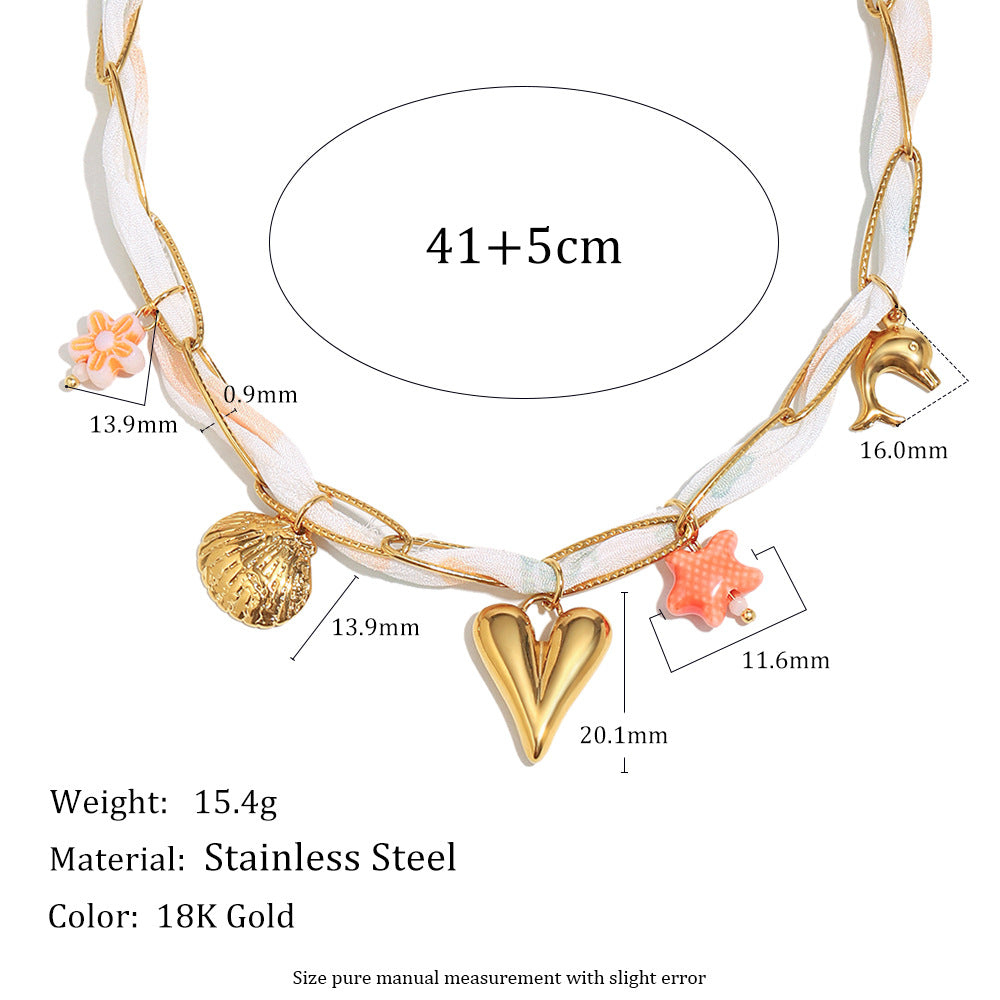 Collar con colgante de mariposa de moda para mujer con cadena de acero inoxidable chapada en oro de 18 quilates con detalles florales de esmalte y conchas marinas