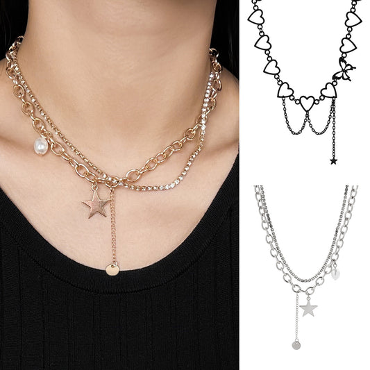 Sweet and Edgy Asymmetrical Heart Butterfly Star Pendant Necklace with Rhinestone Accents on Cross Chain for Women