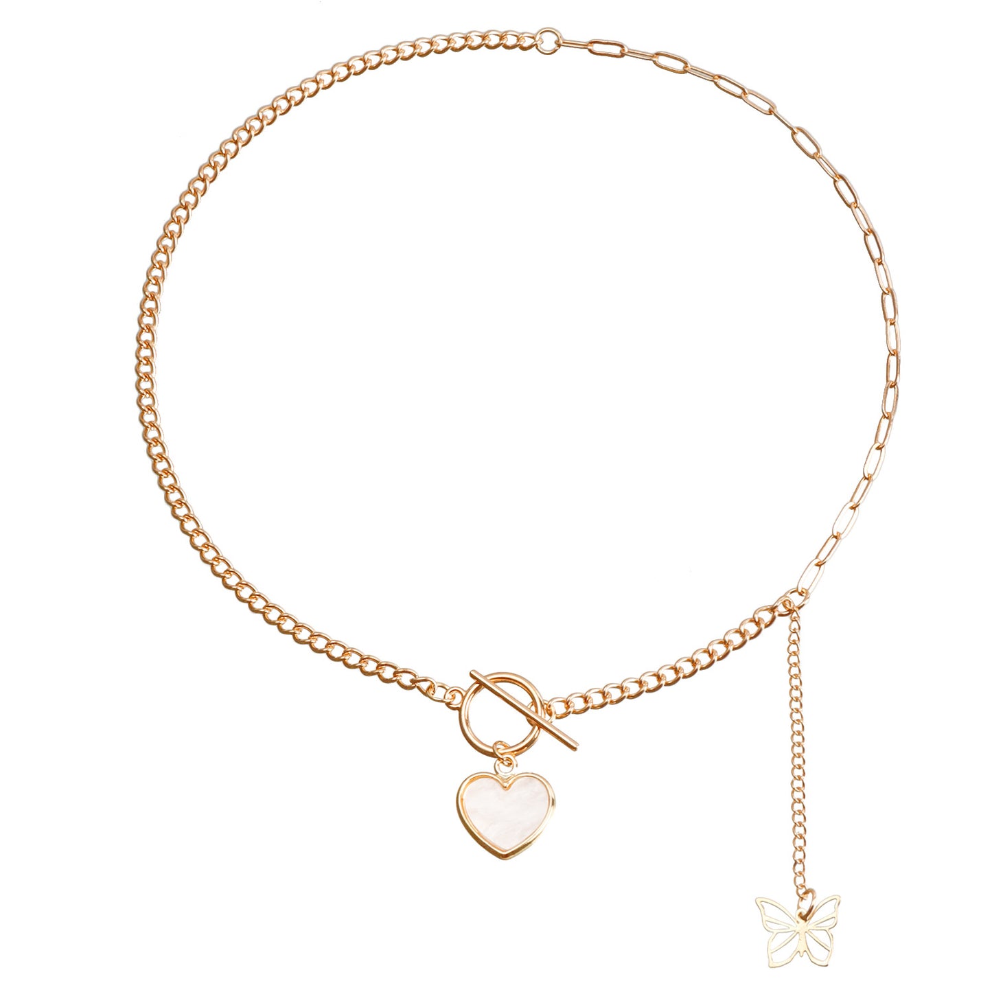 Minimalist Geometric White Mother-of-Pearl Inspired Clavicle Necklace for Women with Heart Pendant and Tassel Detail