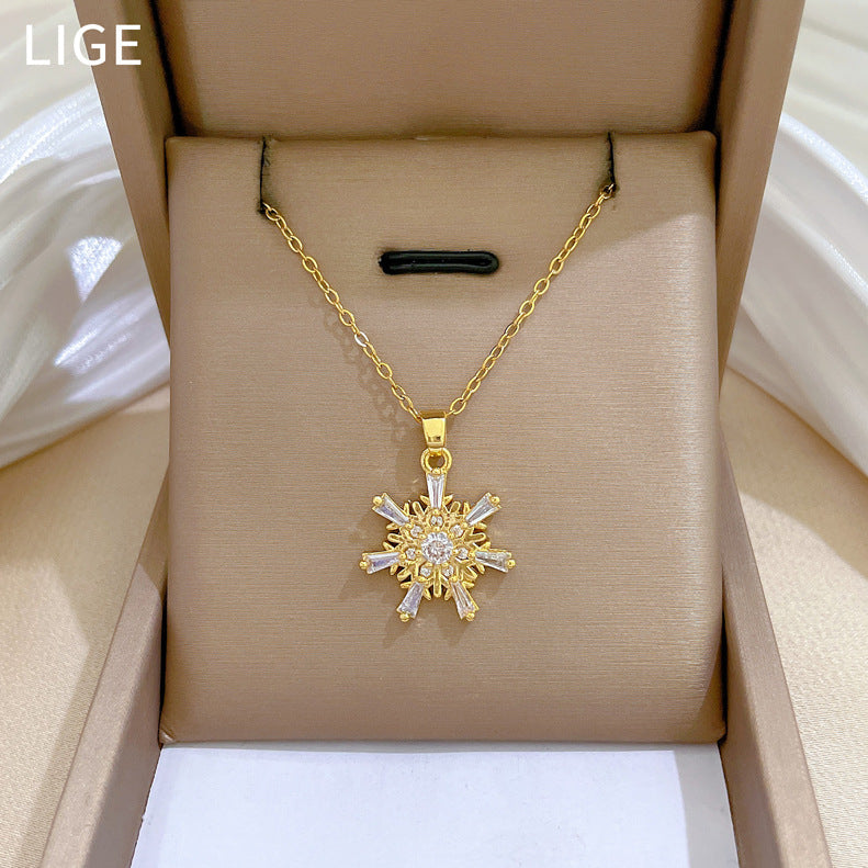Minimalist Snowflake Pendant Necklace for Women with Titanium Steel Chain and Rhinestone Inlay