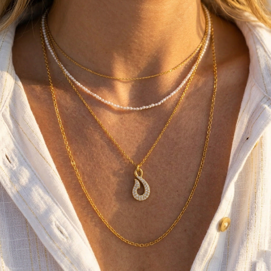 Minimalist Rhinestone Fish Hook Titanium Steel Necklace and Bracelet Set with Cable Chain for Women