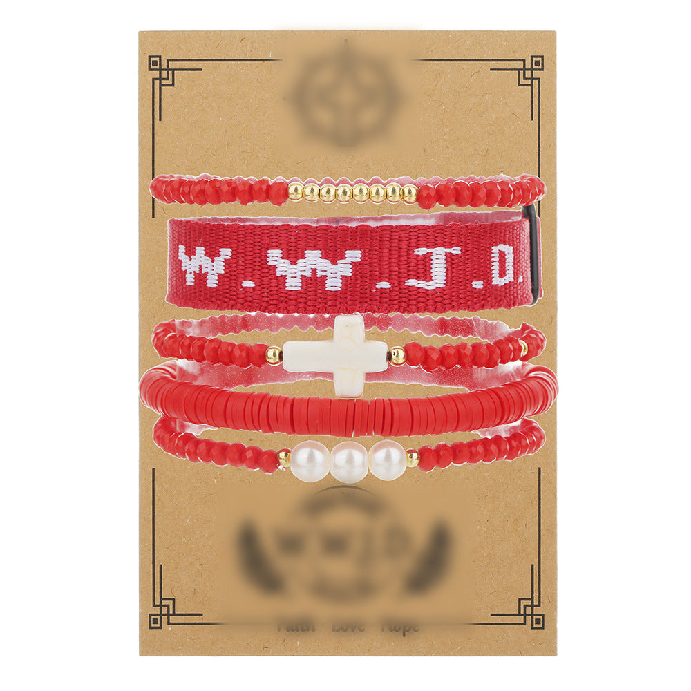 WWJD Letter Cross Turquoise Pearl Crystal Resin Beaded Bracelet Set