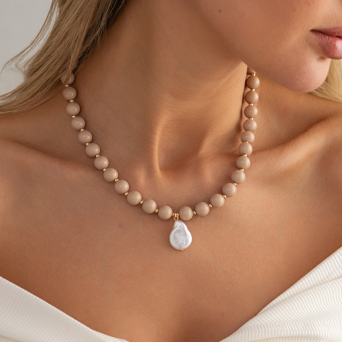 Vintage Geometric Acrylic Beaded Necklace with Baroque Pearl Pendant for Women