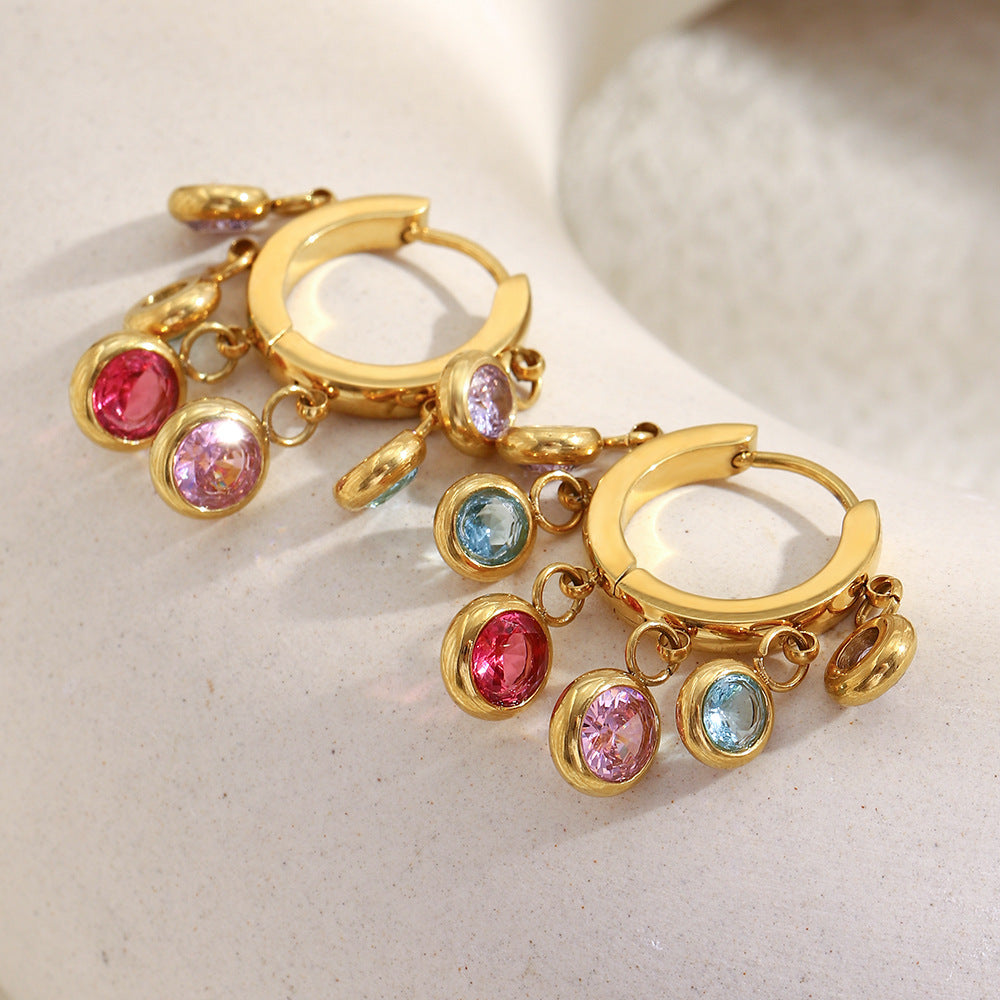 Light Luxury Vintage Geometric Tassel Earrings for Women Stainless Steel 18K Gold Plated Colorful Rhinestone