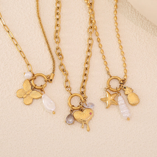 Elegante collar de barra con dijes desmontables de bricolaje con forma de corazón, estrella de mar y mariposa, chapado en acero inoxidable para mujer