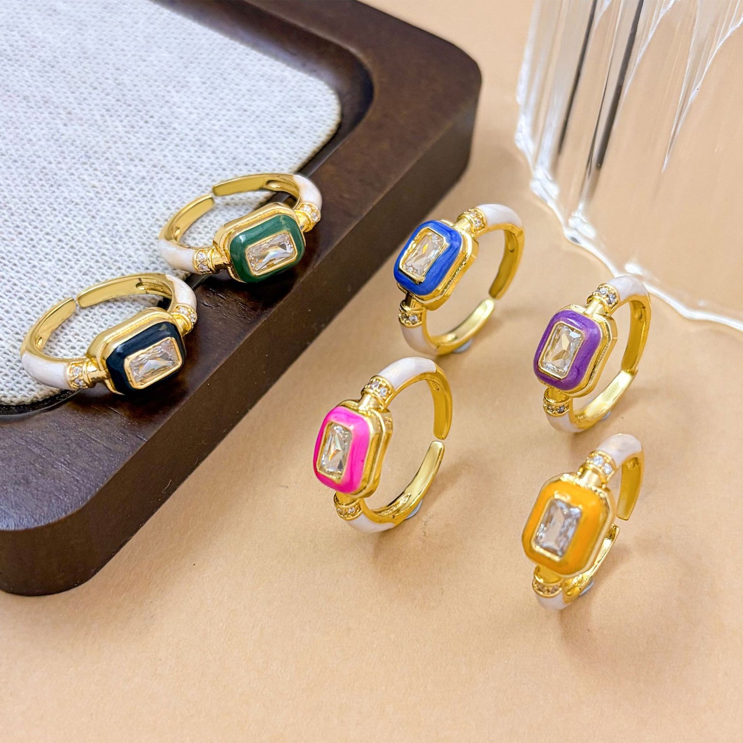 Sweet Geometric Square Gold Plated Brass Ring with Cubic Zirconia and Enamel Drip Oil Design for Women