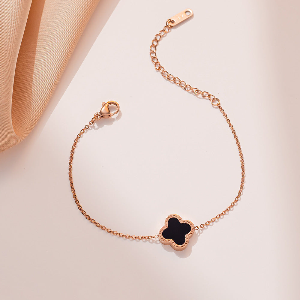 Cartoon Style Four-Leaf Clover Bracelet for Women in Titanium Steel with 18K Rose Gold Plating