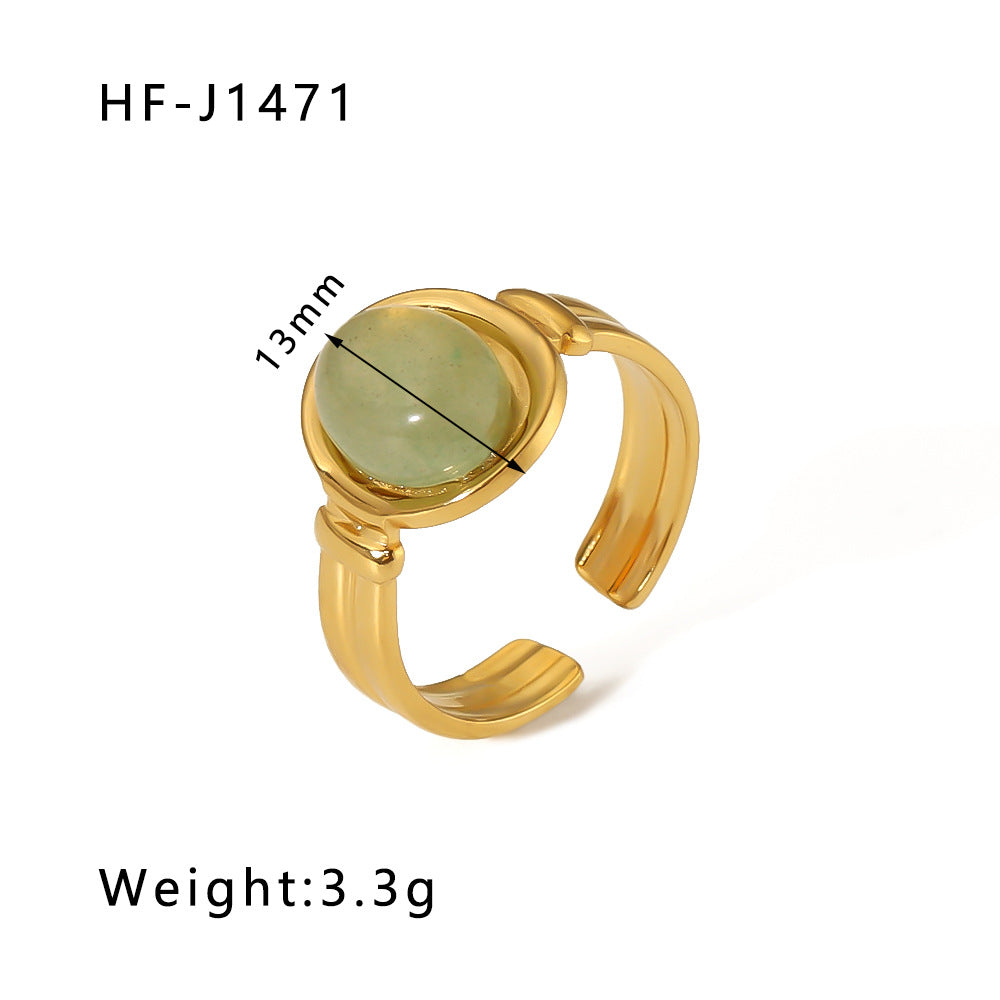 Vintage Geometric Round Emerald Green Natural Stone Stainless Steel Ring with 18K Gold Plating
