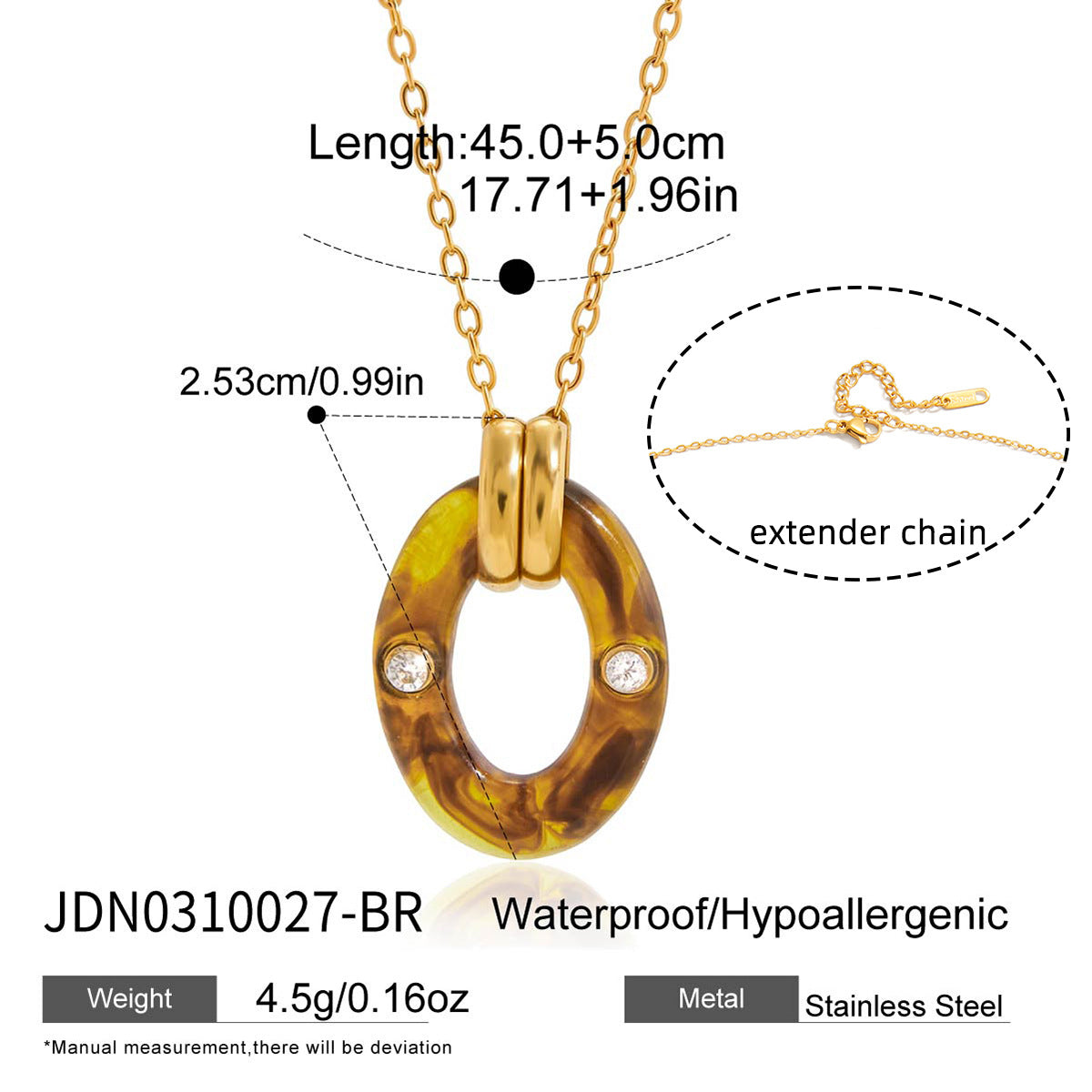 Ciondolo Ovale Geometrico Minimalista in Acciaio al Titanio Placcato Oro 18K PVD con Resina, Collana da Donna