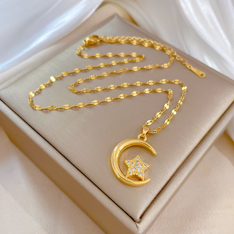 Minimalist Geometric Moon and Star Pendant Necklace for Women in Titanium Steel with Plated Finish