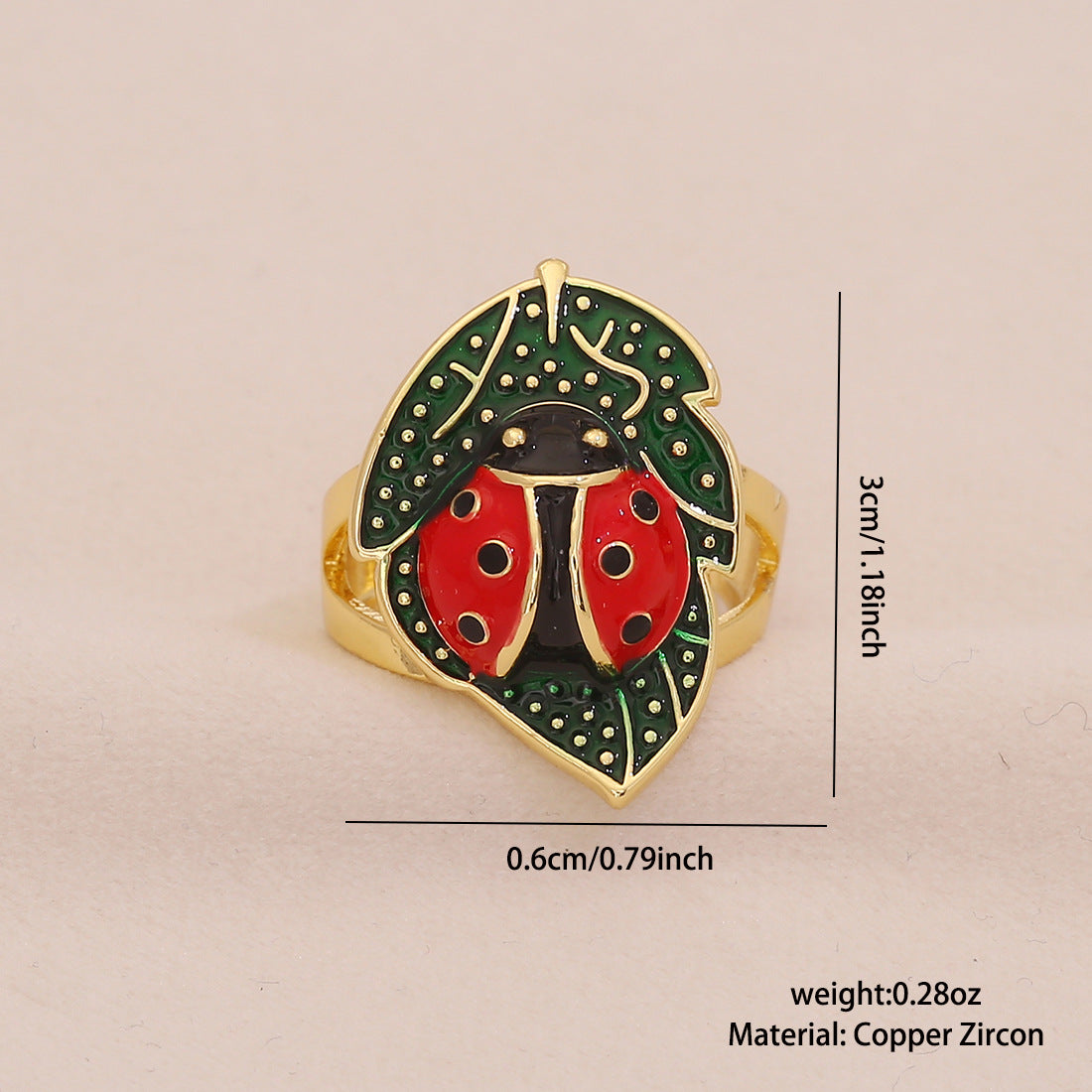 Cute Ladybug Ring in Copper with Enamel Finish for Women, Insect-Shaped Vintage-Inspired Jewelry