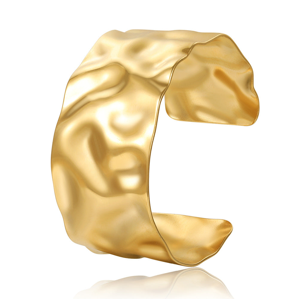 18K Gold Plated Hammered Geometric Titanium Steel Cuff Bracelet for Women