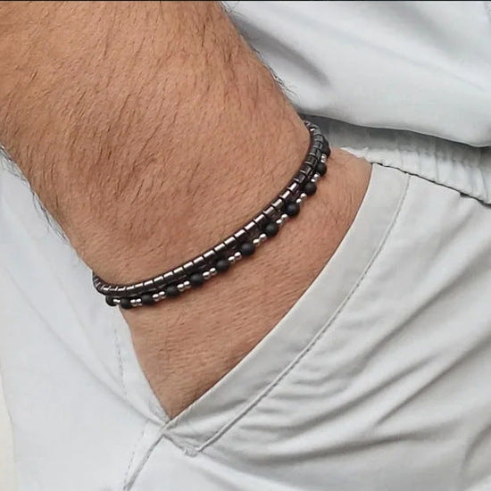 Hip-hop Handmade Geometric Cross Round Hematite Bracelet Set for Unisex