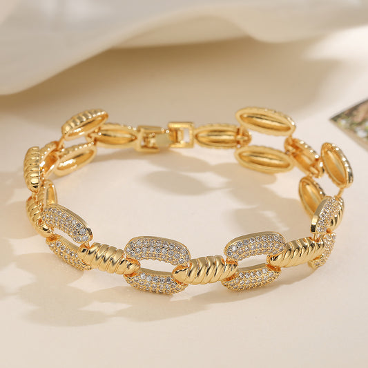 Vintage Minimalist Geometric Brass 18K Gold Plated Cubic Zirconia Inlay Bracelet for Women
