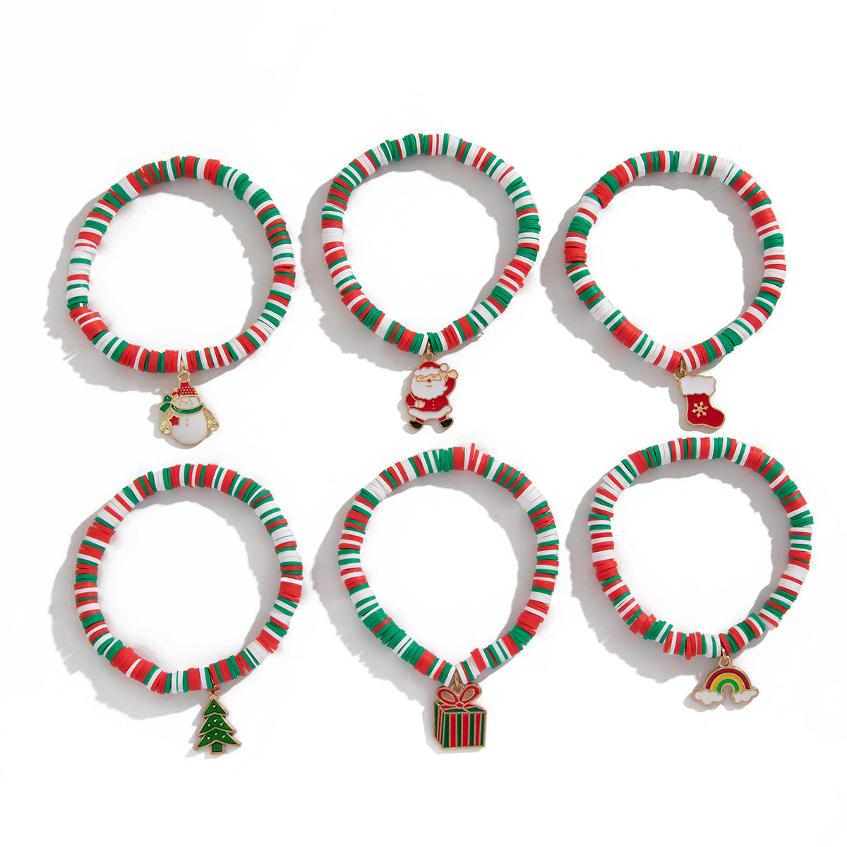 Cute Christmas Reindeer Polymer Clay Bracelet Set with Geometric Charms and Elastic Band for Women