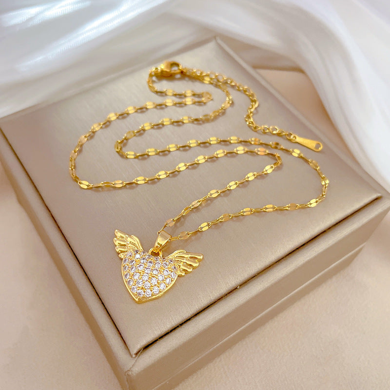 Minimalist Heart and Angel Wing Pendant Necklace in Stainless Steel with Moon Motif for Women and Men