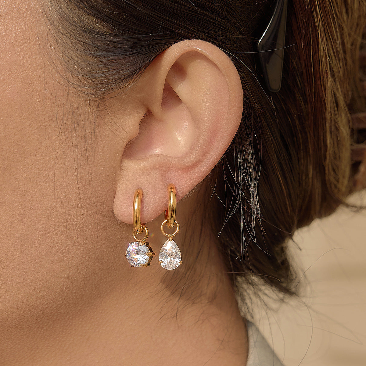 Minimalist Geometric Triangle Stainless Steel Plated Cubic Zirconia Hoop Earrings for Women
