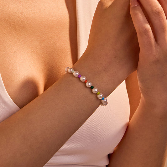 Bohemian Style Geometric Stainless Steel Plated Bracelet with Colorful Beads and Pearl Accents for Women