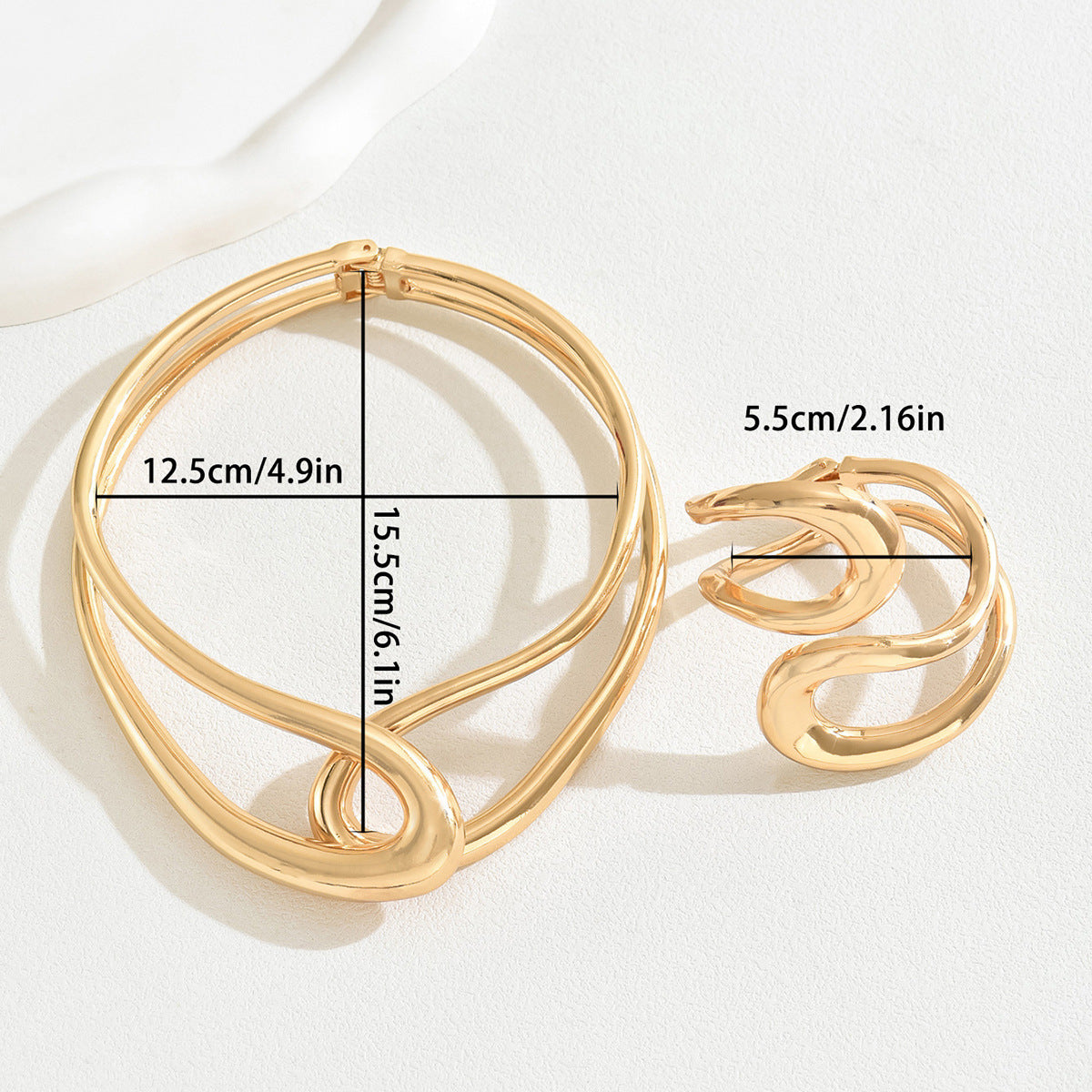 Parure Collana e Bracciale da Donna con Doppio Cerchio Geometrico, in Lega Placcata Oro 18K, Lusso Leggero